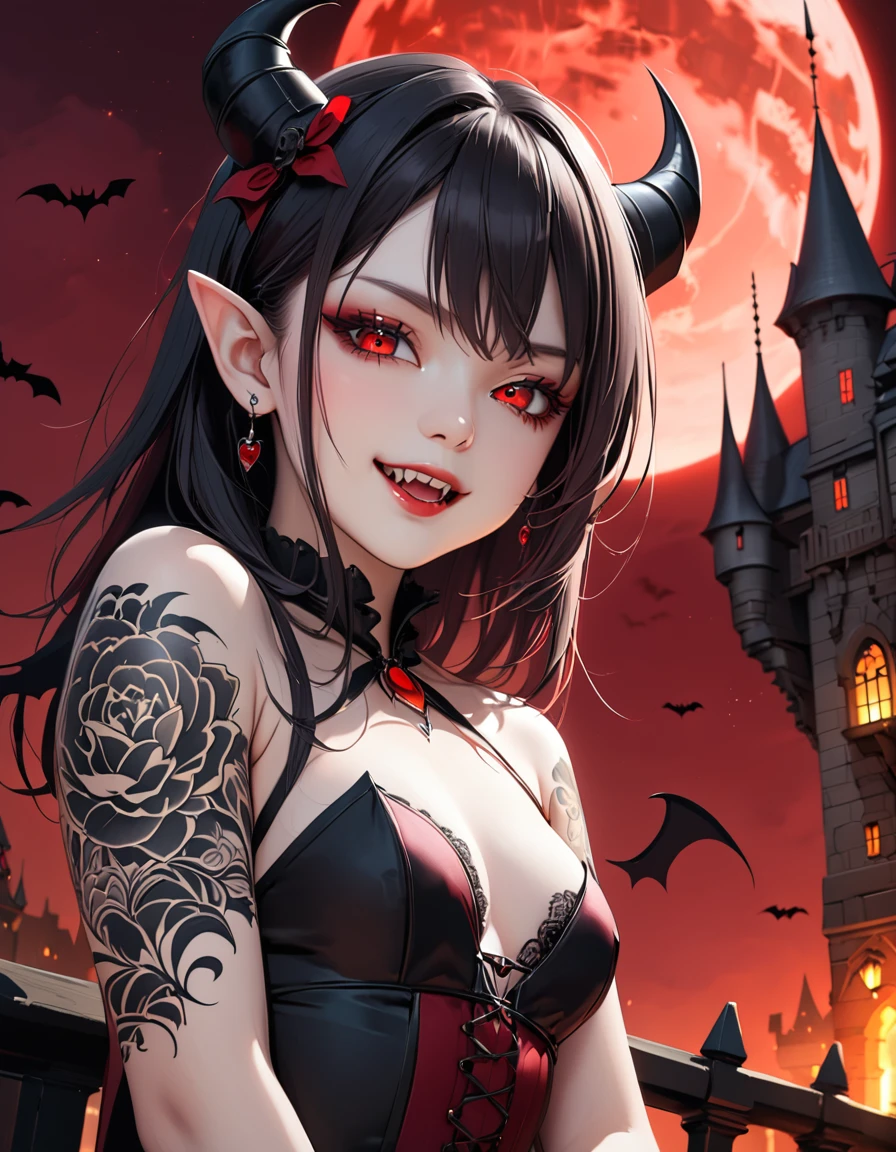 (masterpiece: 1.2, Highest quality),Long black hair, (Best lighting, Very delicate and beautiful), (Best lighting, Very delicate and beautiful), (Beautifully detailed face), (Detailed eyes and detailed face: 1.2), Dark fantasy, (Young girl, Little Beast, One girl, alone, Crazy Smile, Pale skin, ((Large tattoos all over the body)), Gray Hair, Red glowing eyes, Dynamic Angle, vampire), ( Get a vampire castle in the background), (Red Moon, Red Sky), pointed_ear, tooth, Devil's Wings, Devil horns, There was blood on my face., Rain of blood, blood mist, (Depth of written boundary), High Contrast, (Blood splatter: 1.4), Cowboy Shot, whole body,