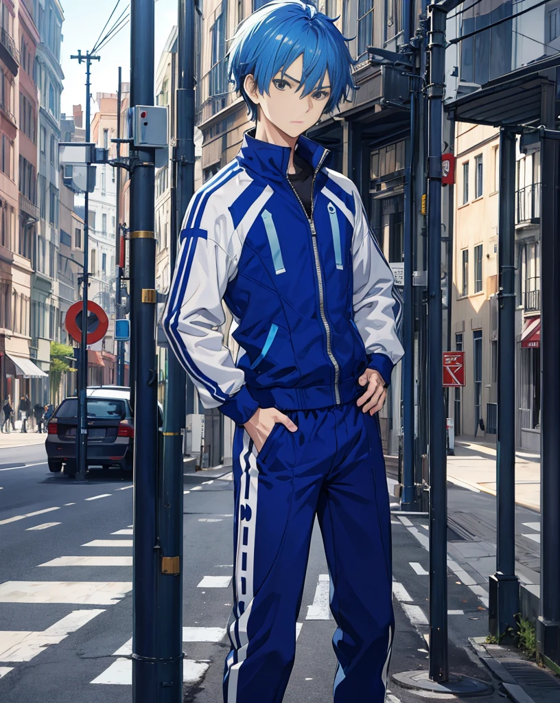 masterpiece,1 boy,Solitary,Blue Hair,One-piece gymnastics suit, street,Hands on Hips, Hands in pockets,