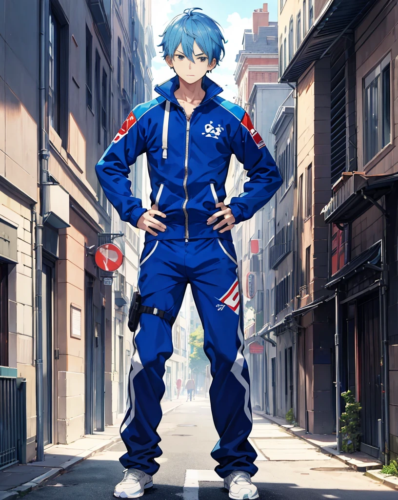 masterpiece,1 boy,Solitary,Blue Hair,One-piece gymnastics suit, street,Hands on Hips, Hands in pockets,