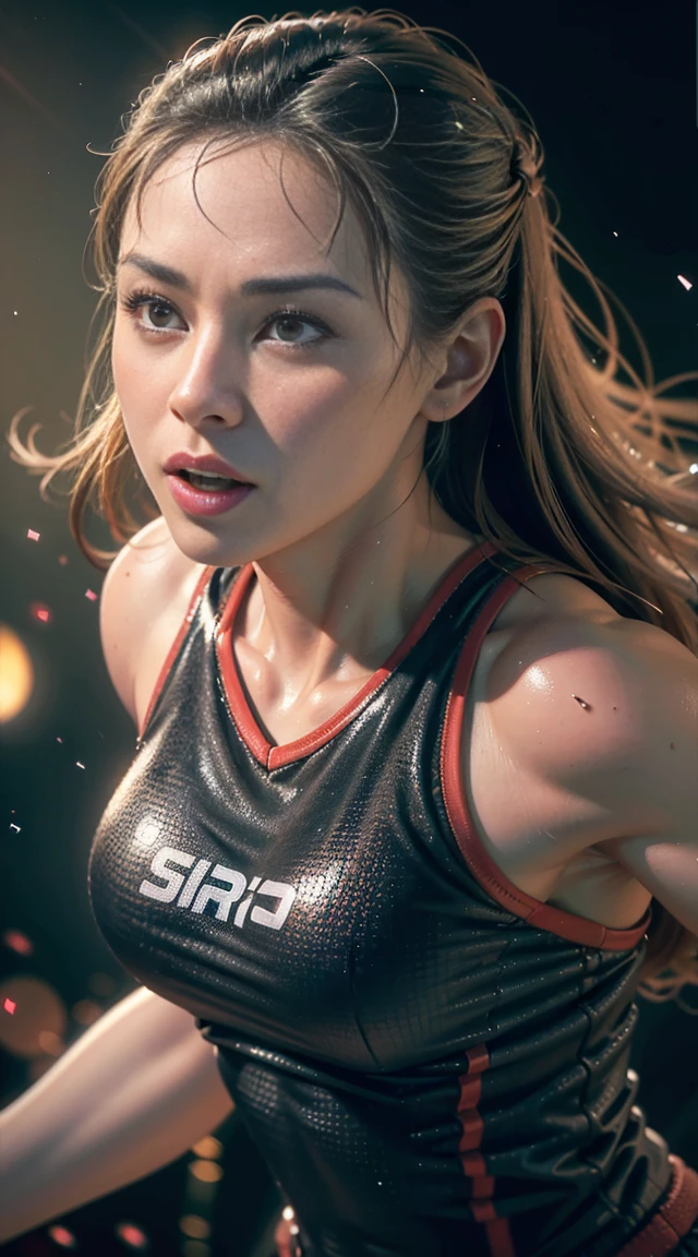 (highest quality, 4k, 8k, high resolution, masterpiece:1.2), ultra detailed, (realistic, (photorealistic:1.37), sharp focus, physically based rendering, highly detailed, professional, vibrant colors, HDR, UHD, girl 1 People, detailed depictions of muscular female basketball players, basketball court, intense competitive facial expressions, realistic sweat and skin texture, high energy dynamic movements, perfect anatomy and muscles, strong dynamic poses, dramatic lighting, cinematic camera angles, photorealistic, studio lighting, ultra-fine paint, bokeh, sports, action, dynamic angles,