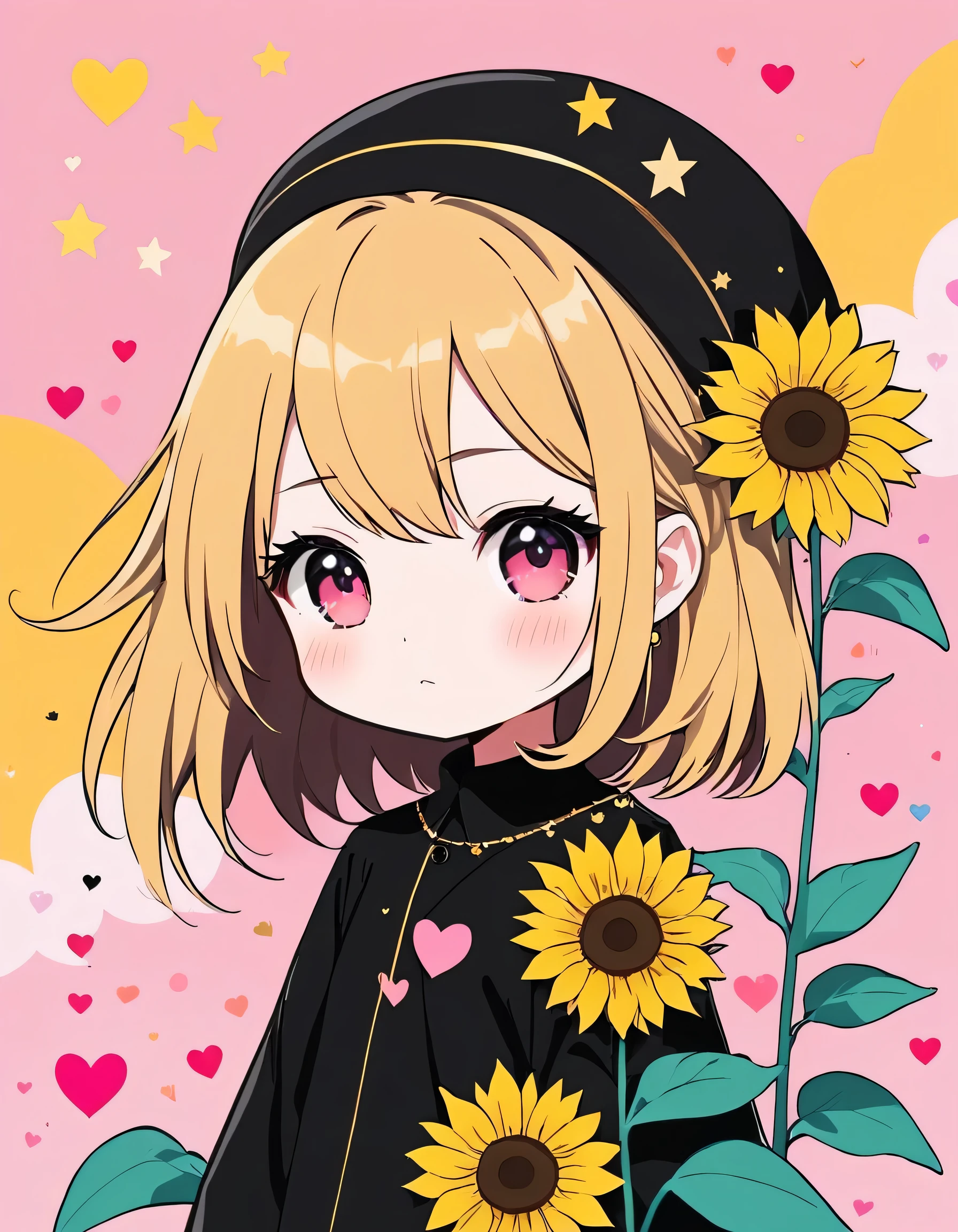Black Star Gold and Pink style, Simple Line Initialism,Abstract art,Kawaii Design, The most beautiful girl of all time, (((chibi))), The background is sunflowers, colorful hearts,