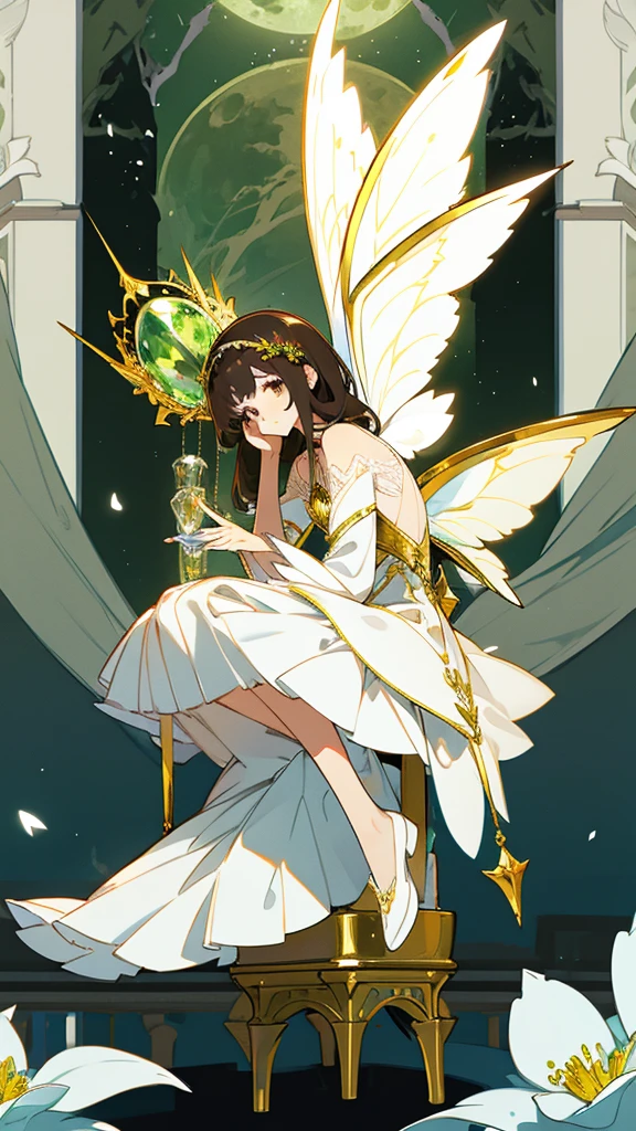 1 girl, dark brown hair, gold eyes, White skin, dressed in a white dress with lace and pleats, fairy wings, shy posture, whole body, sitting on a tree throne, green lights, Moonlight, flower crown on her head, soft smile, gentle.