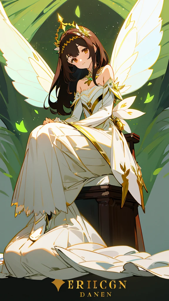 1 girl, dark brown hair, gold eyes, White skin, dressed in a white dress with lace and pleats, fairy wings, shy posture, whole body, sitting on a tree throne, green lights, Moonlight, flower crown on her head, soft smile, gentle.