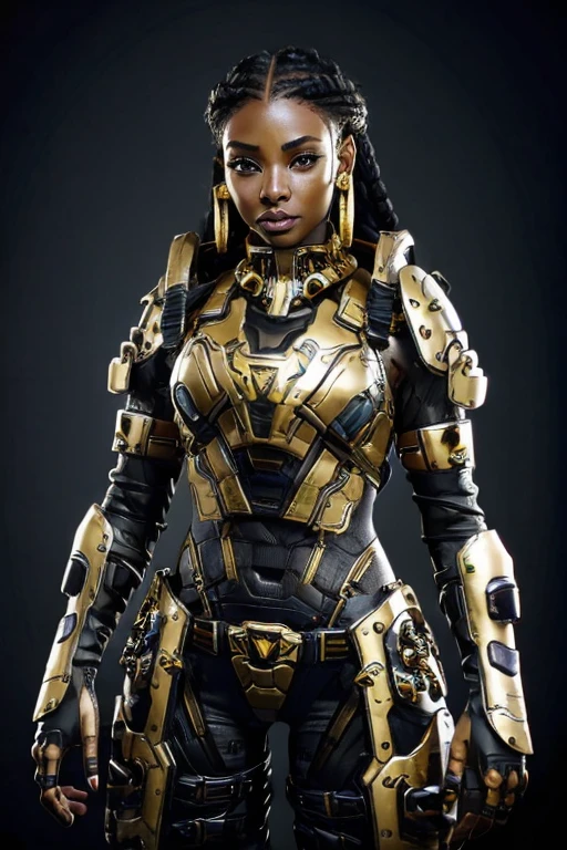 African Woman, Black Woman, In Her late twenties, black and gold mechaarmor, ssahc, Braided hair, lip ring piercing, gold necklace, Cyberpunk background, visible face, black and gold armor, nose ring piercing, face piercings, luxury tech power armor, mecha armor, heavy cyberpunk armor, cyber_mark, Cyber_mark on face, Heavy mechaarmor breastplate and shoulder armor