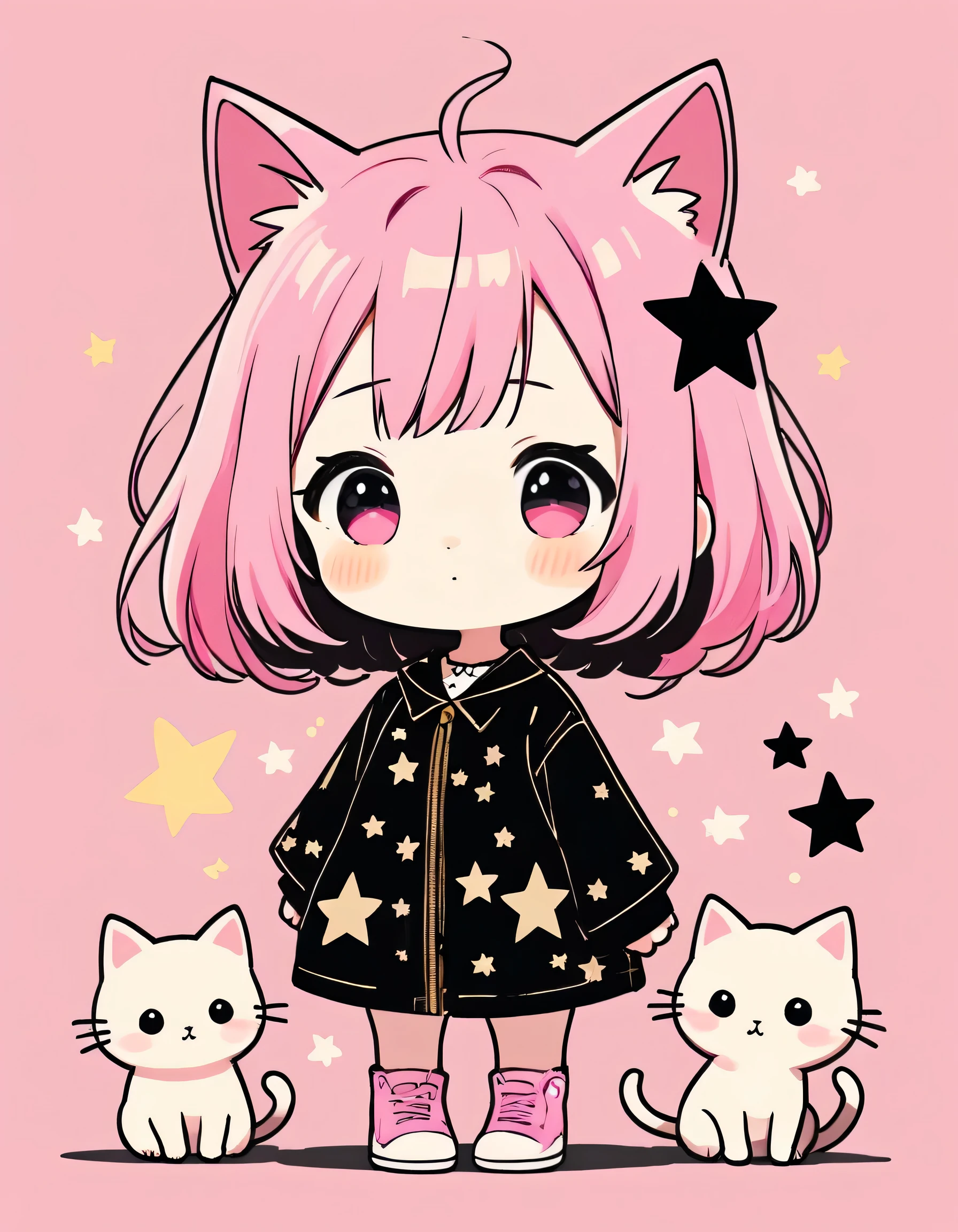 Black Star Gold and Pink style, Simple Line Initialism,Abstract art,Kawaii Design, The most beautiful girl of all time、chibi, cute kittens