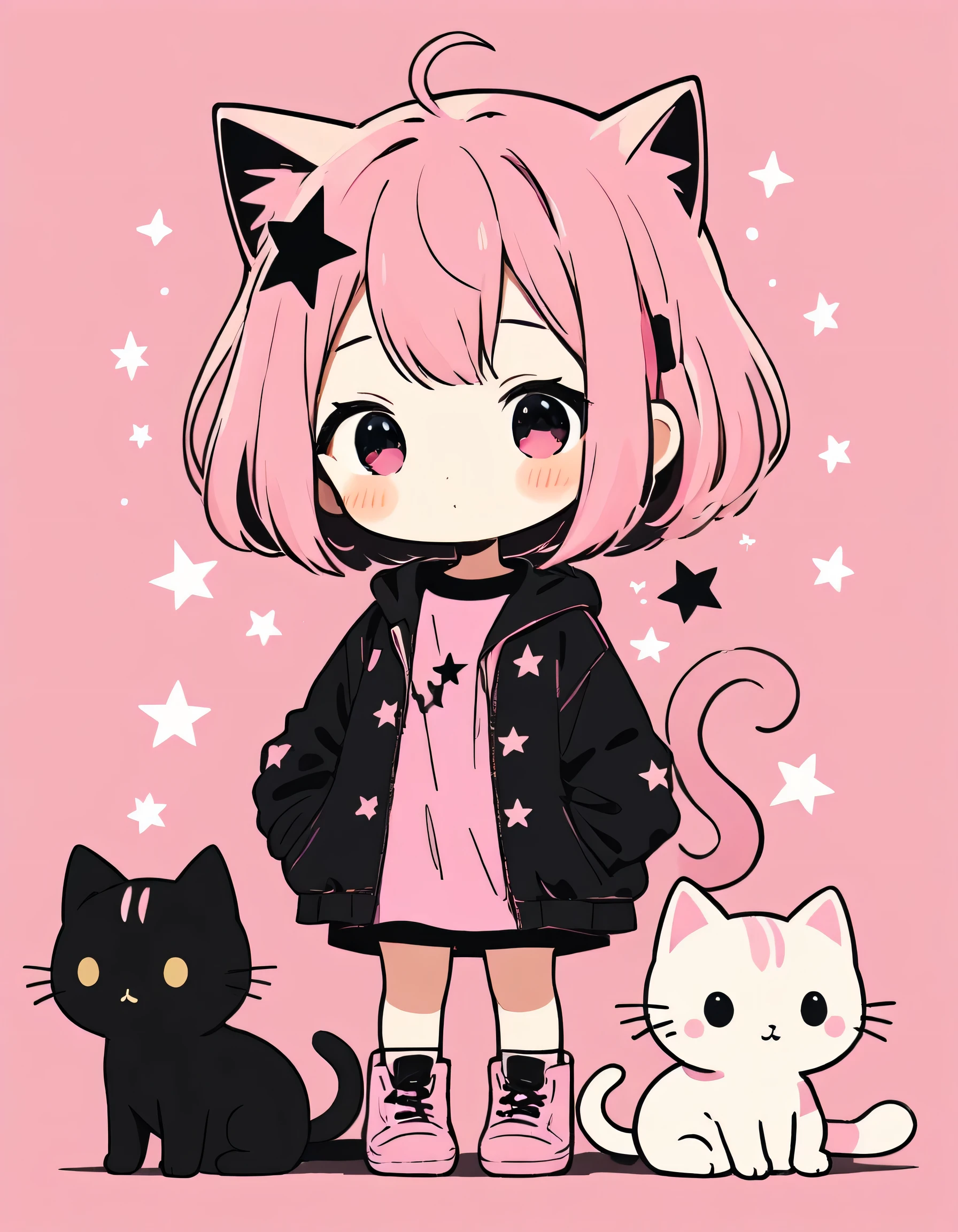 Black Star Gold and Pink style, Simple Line Initialism，Abstract art，Kawaii Design, The most beautiful girl of all time、chibi, cute kittens