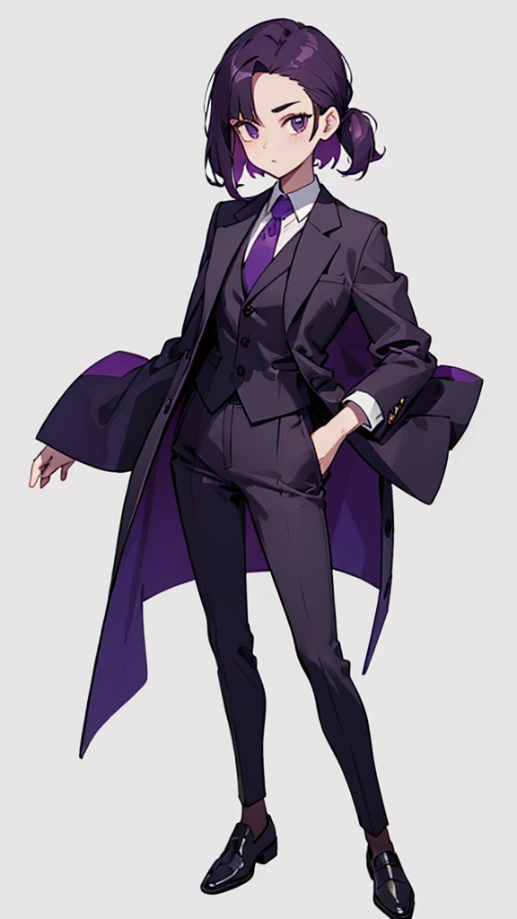 1.Cross-dressing girl,suit,Hair style slicked back,Dark purple hair,Leather shoes,whole body,White background,濃い紫のsuit,濃い紫のsuitズボン,Photographer,Single-lens reflex camera,Cool standing figure,Purple tie