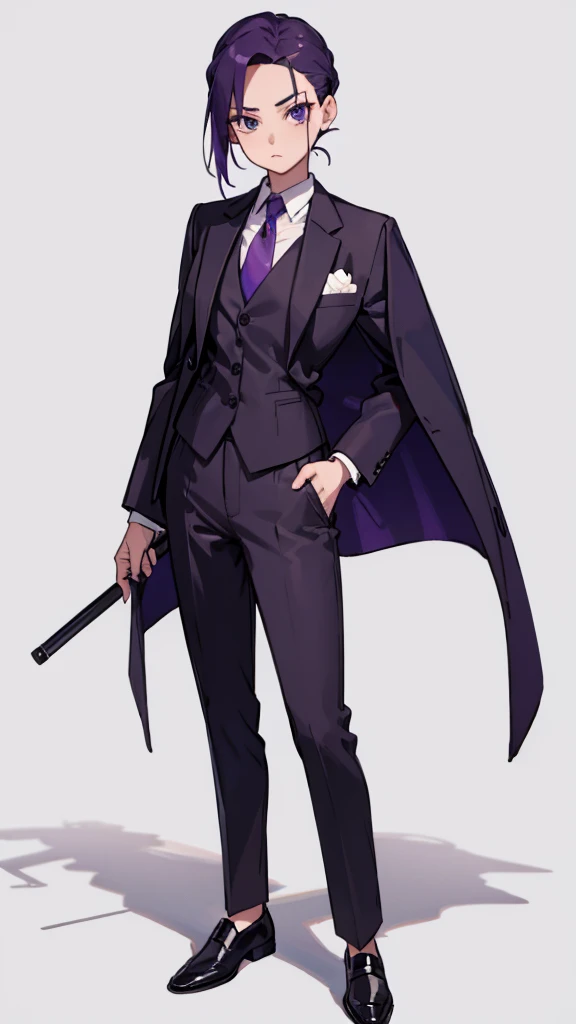 1.Cross-dressing girl,suit,Hair style slicked back,Dark purple hair,Leather shoes,whole body,White background,濃い紫のsuit,濃い紫のsuitズボン,Photographer,Single-lens reflex camera,Cool standing figure,Purple tie