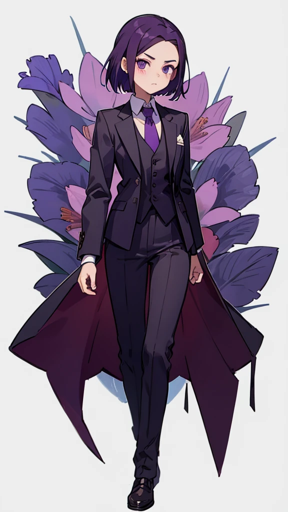 1.Cross-dressing girl,suit,Hair style slicked back,Dark purple hair,Leather shoes,whole body,White background,濃い紫のsuit,濃い紫のsuitズボン,Photographer,Single-lens reflex camera,Cool standing figure,Purple tie