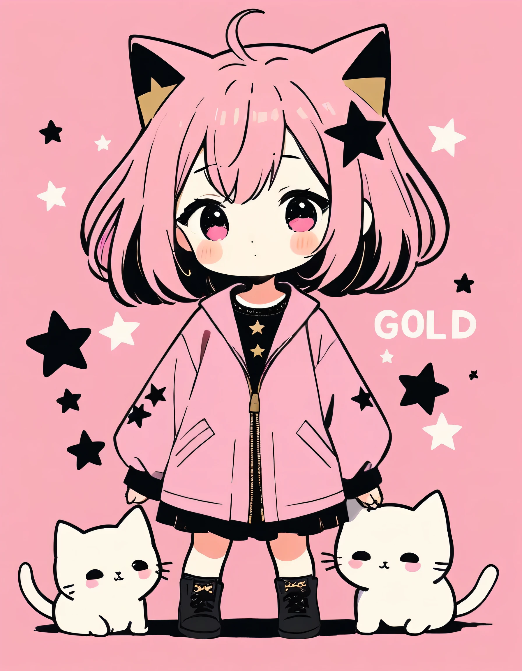 Black Star Gold and Pink style, Simple Line Initialism,Abstract art,Kawaii Design, The most beautiful girl of all time、chibi, cute kittens