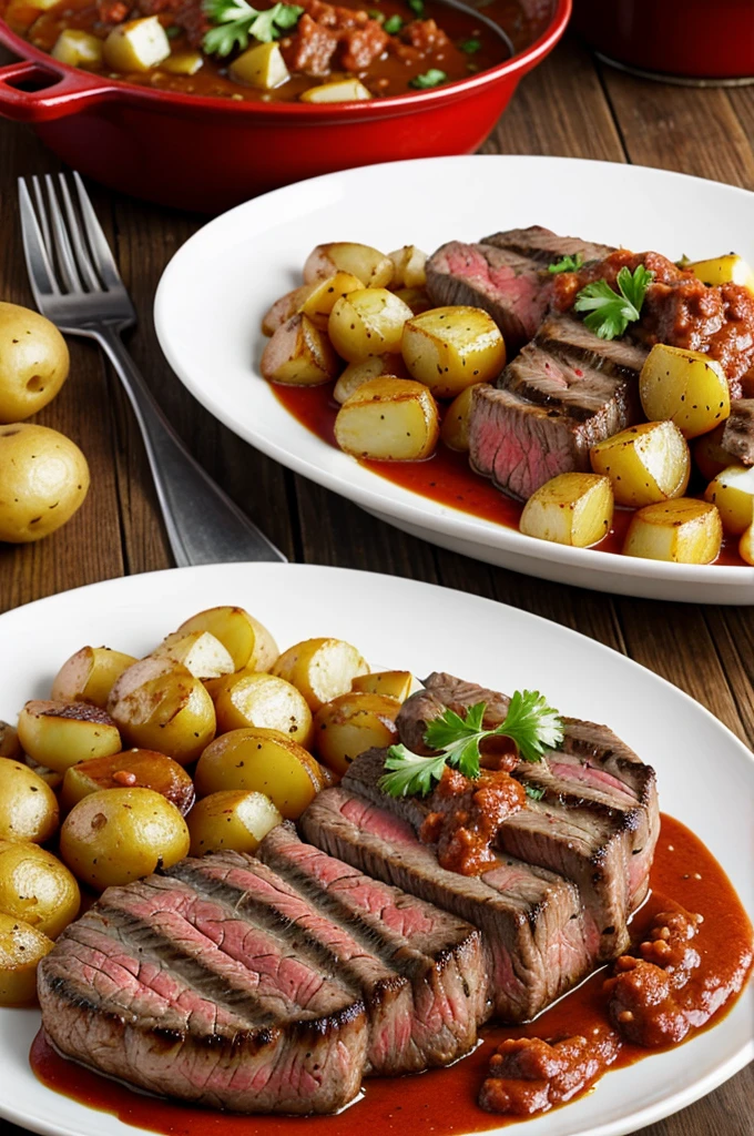 Steak with potatoes in red sauce