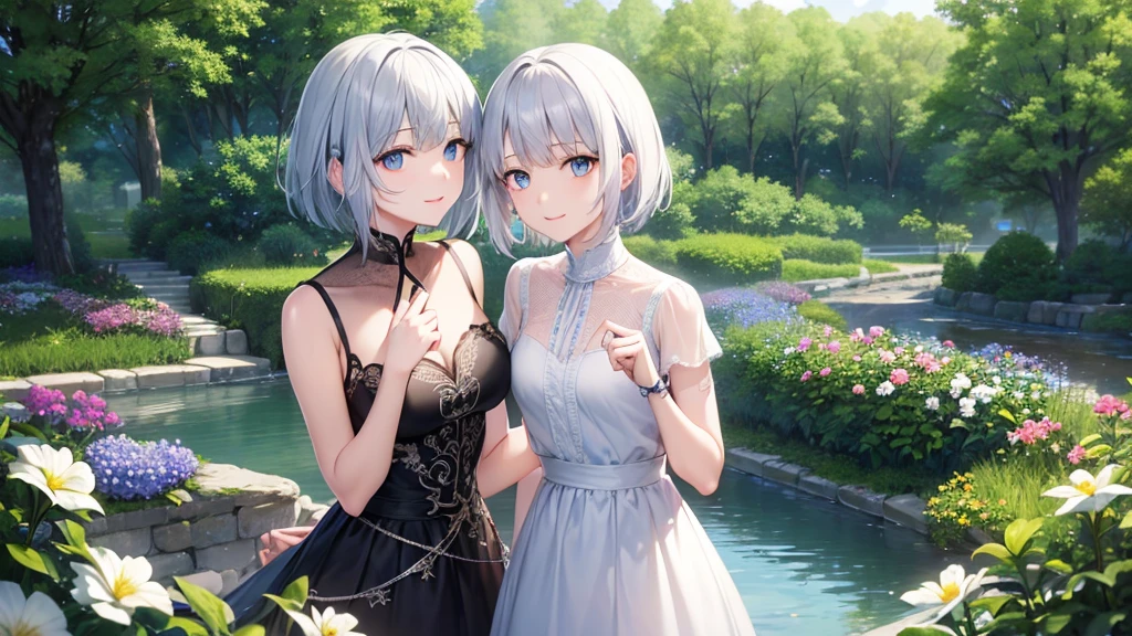Ultra HD,Look at the viewers, Put your hands behind your back, One girl, 20-year-old, 非常にShort Hair, Long bangs between the eyes, Pale blue eyes, Very detailed,(masterpiece、Highest quality),Gray Hair、Laughter、Fantastic, Silver Hair, Iris, Short hair、 Fluttering Hair、Small Face、明るいsmile、(Detailed face) ,Professional Lighting,Wonderful landscape,blue sky, sunlight,Looking down from above,Portraiture、Open your mouth、Flower Field、Her eyes were shining、Mysterious and enchanting atmosphere。With AI Painting、とてもShort Hair, Long bangs between the eyes, Very detailed,(masterpiece、Highest quality)、alone、Gray Hair、Fantasy, Silver Hair, Fantasyな風景、smile、Open your mouth、short hair、Short Hair、hairpin、black eye、Grey Eyes、Beautiful Eyes、White shirt、Jacket、I can see the neck、The clavicle is visible