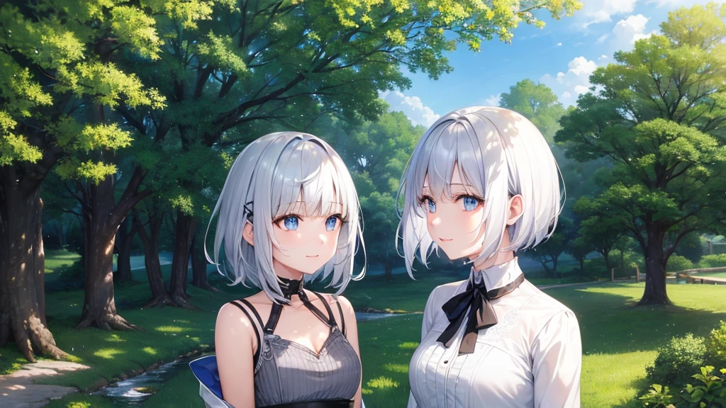 Ultra HD,Look at the viewers, Put your hands behind your back, One girl, 20-year-old, 非常にShort Hair, Long bangs between the eyes, Pale blue eyes,  Very detailed,(masterpiece、Highest quality),Gray Hair、Laughter、Fantastic, Silver Hair, Iris,  Short hair、 Fluttering Hair、Small Face、明るいsmile、(Detailed face) ,Professional Lighting,Wonderful landscape,blue sky, sunlight,Looking down from above,Portraiture、Open your mouth、Flower Field、Her eyes were shining、Mysterious and enchanting atmosphere。With AI Painting、とてもShort Hair, Long bangs between the eyes, Very detailed,(masterpiece、Highest quality)、alone、Gray Hair、Fantasy, Silver Hair, Fantasyな風景、smile、Open your mouth、short hair、Short Hair、hairpin、black eye、Grey Eyes、Beautiful Eyes、White shirt、Jacket、I can see the neck、The clavicle is visible