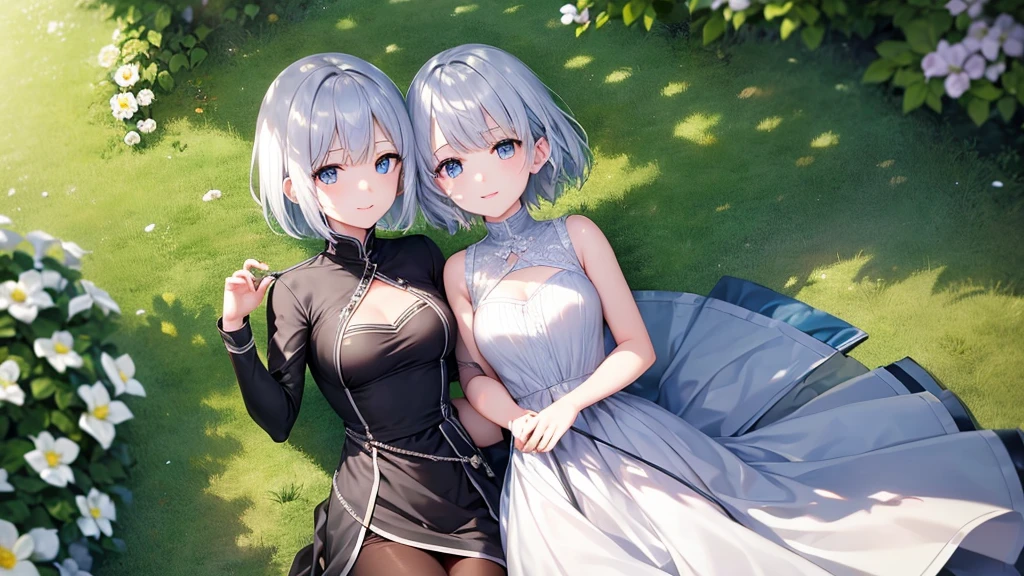 Ultra HD,Look at the viewers, Put your hands behind your back, One girl, 20-year-old, 非常にShort Hair, Long bangs between the eyes, Pale blue eyes,  Very detailed,(masterpiece、Highest quality),Gray Hair、Laughter、Fantastic, Silver Hair, Iris,  Short hair、 Fluttering Hair、Small Face、明るいsmile、(Detailed face) ,Professional Lighting,Wonderful landscape,blue sky, sunlight,Looking down from above,Portraiture、Open your mouth、Flower Field、Her eyes were shining、Mysterious and enchanting atmosphere。With AI Painting、とてもShort Hair, Long bangs between the eyes, Very detailed,(masterpiece、Highest quality)、alone、Gray Hair、Fantasy, Silver Hair, Fantasyな風景、smile、Open your mouth、short hair、Short Hair、hairpin、black eye、Grey Eyes、Beautiful Eyes、White shirt、Jacket、I can see the neck、The clavicle is visible