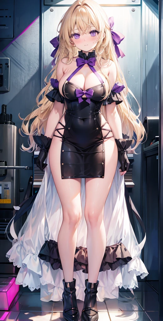 girl,Large Breasts,long hair,Topless,Bow,Blonde hair, Purple Eyes,