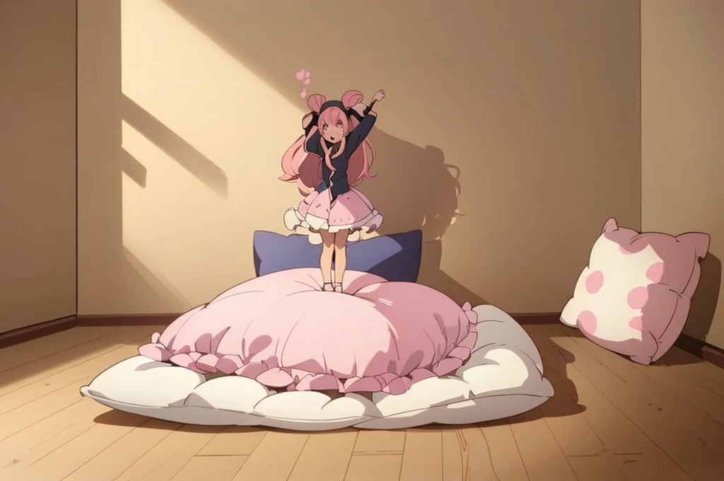 (best quality， masterpiece) , details, (Light and shadow oxtail) , Cute girl posing on pillow ，Pillow, Upholstered，Soft pillow quotation，（Pillow），The love surrounding the protagonist，steam，Luxury Pillow），（Gorgeous pattern pillow），luxurious pillow，（bedroom ）, standing,（Love around the protagonist），（pillow）, long hair, frilled pillow , ((pink pillow))  , 1 pillow, standing on top of pillow, on pillow, big pillow, pillow damage, stomping pillow, stomping, pillow on floor, stepping on pillow, posing on top pillow, full body, pillow on floor, (((pink hair))), feathers