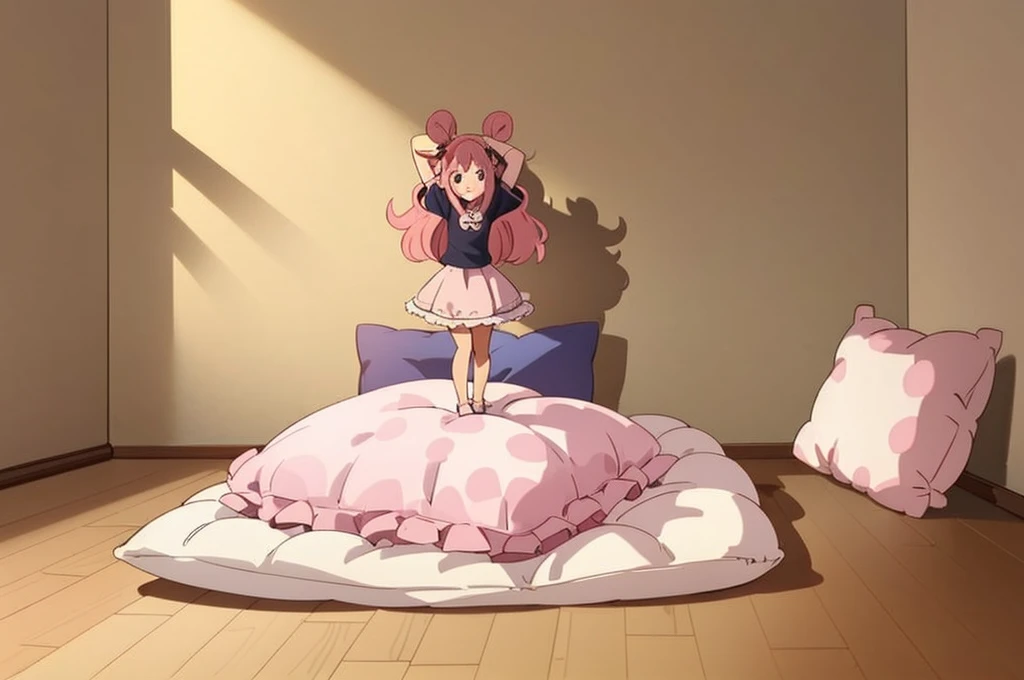 (best quality， masterpiece) , details, (Light and shadow oxtail) , Cute girl posing on pillow ，Pillow, Upholstered，Soft pillow quotation，（Pillow），The love surrounding the protagonist，steam，Luxury Pillow），（Gorgeous pattern pillow），luxurious pillow，（bedroom ）, standing,（Love around the protagonist），（pillow）, long hair, frilled pillow , ((pink pillow))  , 1 pillow, standing on top of pillow, on pillow, big pillow, pillow damage, stomping pillow, stomping, pillow on floor, stepping on pillow, posing on top pillow, full body, pillow on floor, (((pink hair))), feathers