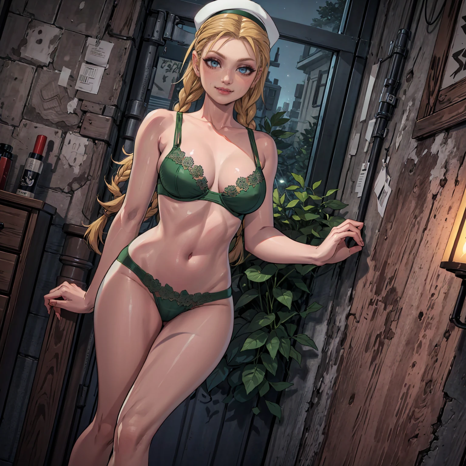 (((solo,1woman, mature, alone))), Cammy White, ((twin braids, long hair, blonde hair, antenna hair, glowing blue eyes, wide eyes, scar on cheek, lipstick, makeup, narrow waist, skinny, medium breasts, earrings, red hat)), pelvic curtain, ((green panties, green bra)), full body, perfect body, (insanely detailed, beautiful detailed face, masterpiece, best quality), (extremely detailed 8k paper CG wall unit: 1.1), (bedroom, night), (smile face for the viewer), povbreastgrab, pov hands