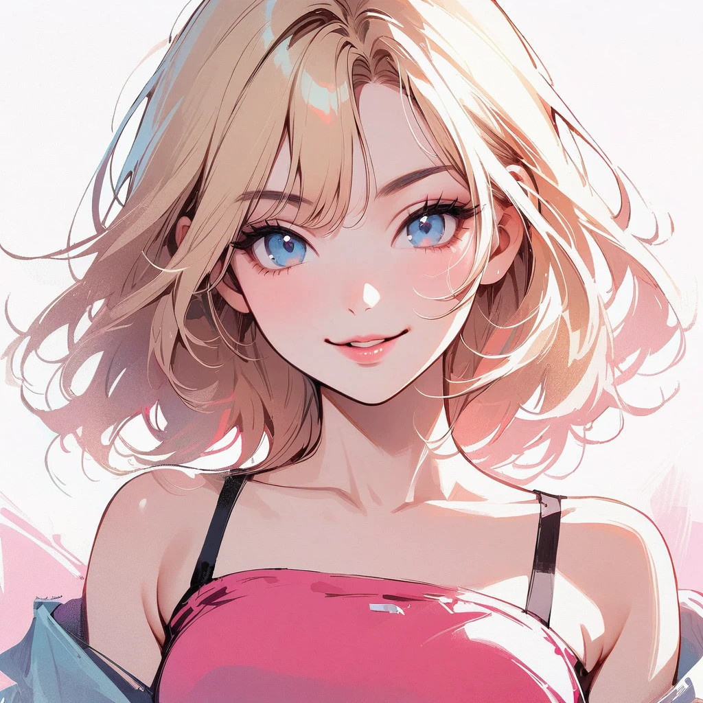 Girl, light blonde hair, pale blue eyes, rosy cheeks, lipgloss, solo, smiling, ethereal, sassy, cheeky, attitude, bright, pink strapless crop top