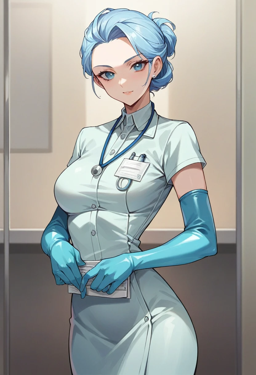 1girl, ((light blue elbow gloves)), ((surgical gloves)), ((latex gloves)), ((long sleeves)), ((surgeon outfit)), ((doctor outfit)), looking at viewer, standing, solo