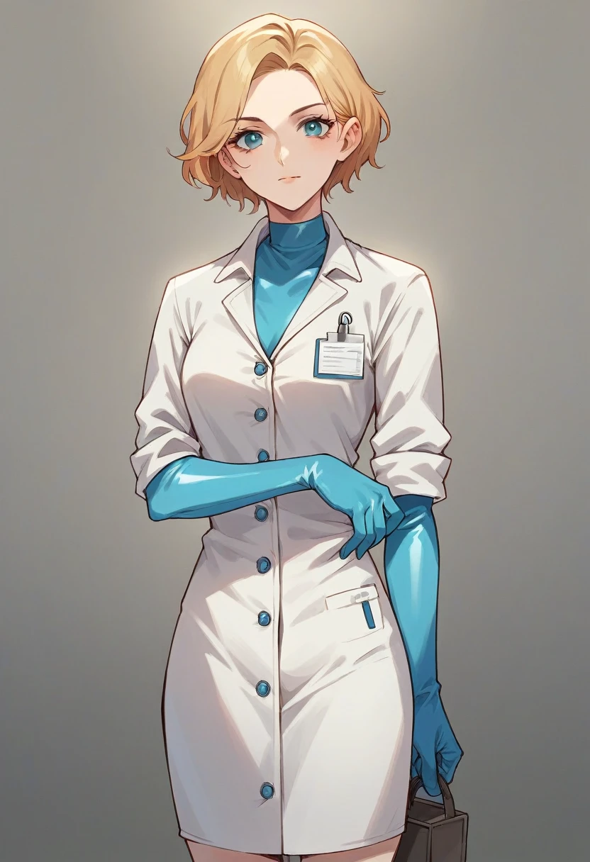 1girl, ((light blue elbow gloves)), ((surgical gloves)), ((latex gloves)), ((long sleeves)), ((surgeon outfit)), ((doctor outfit)), looking at viewer, standing, solo