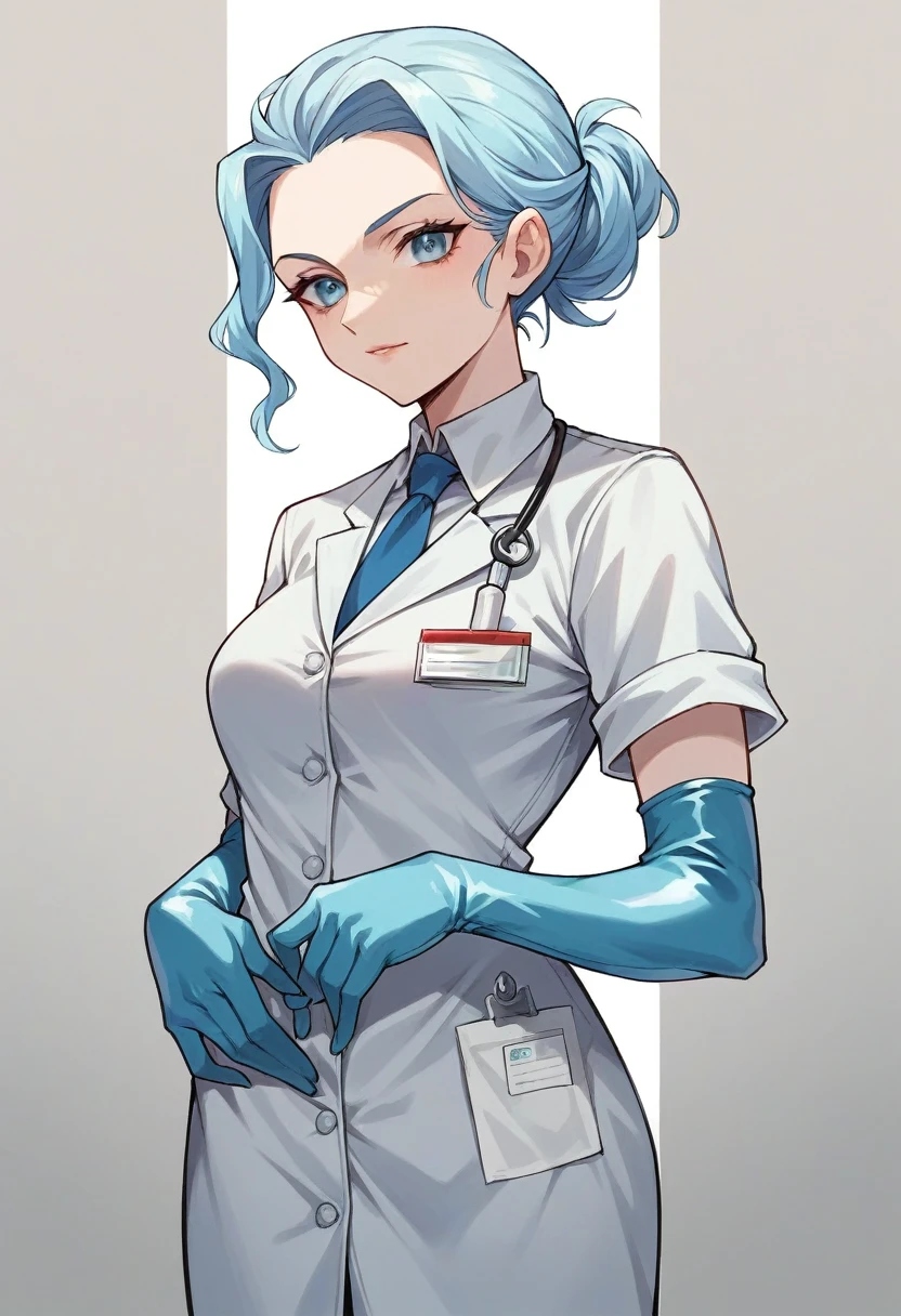 1girl, ((light blue elbow gloves)), ((surgical gloves)), ((latex gloves)), ((long sleeves)), ((surgeon outfit)), ((doctor outfit)), looking at viewer, standing, solo