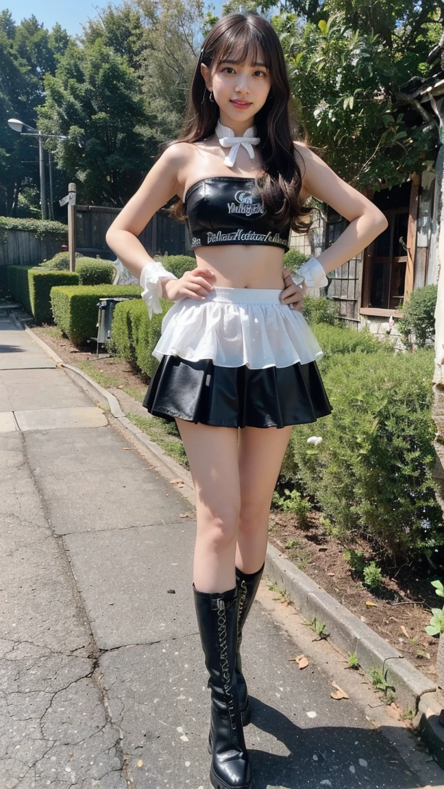 (8K、RAW Photos、Highest quality、masterpiece:1.2)、(Highest quality、Realistic)、1 Girl、((Tube top、mini skirt、Idol Costume、ribbon、Medium Hair、See-through、smile、Silver and Black、Thin legs、whole body、boots、garden、View from the front、Looking into the camera、Stand with hands on hips))、cute