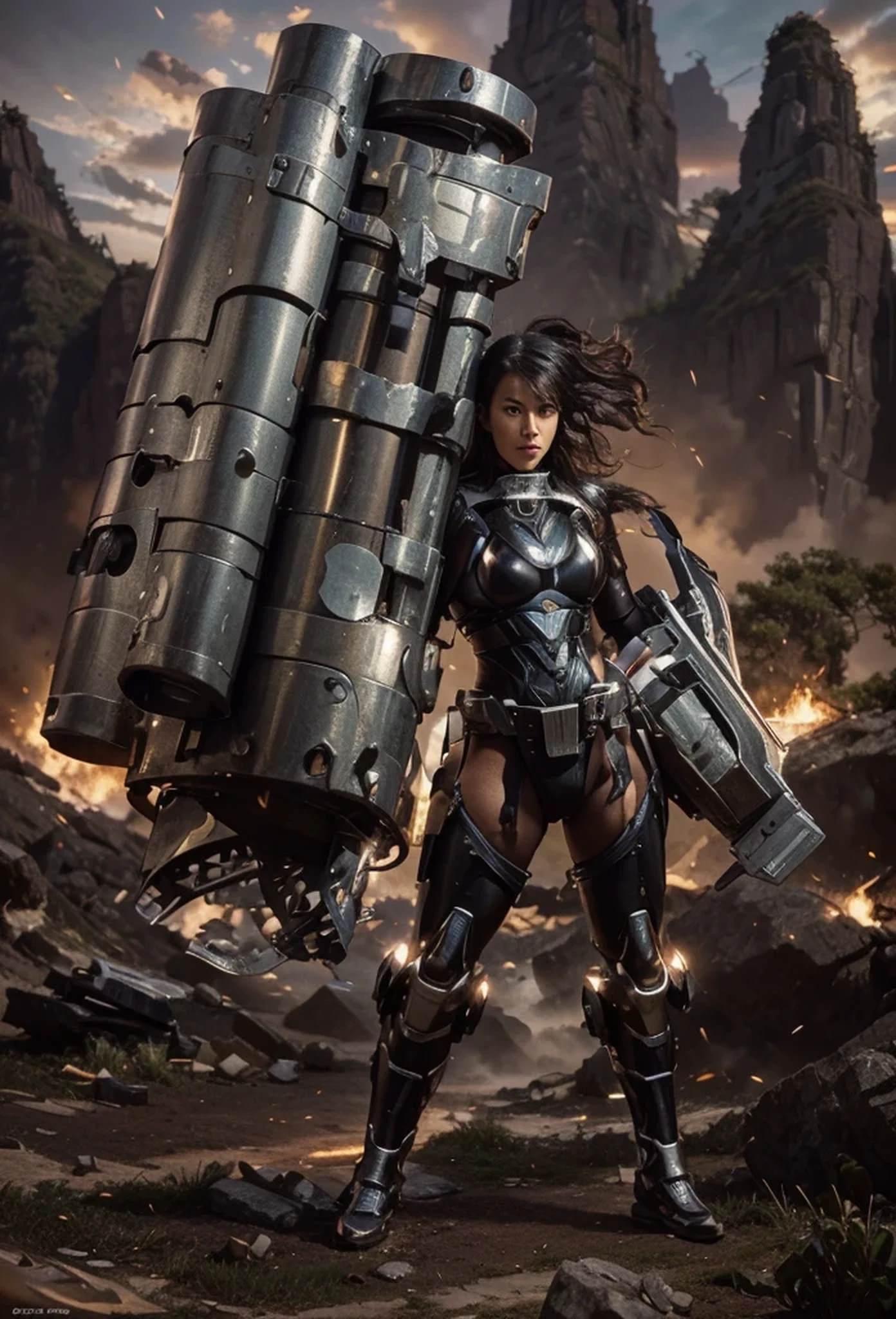 Very beautiful woman with Chinese characteristics, black hair, white skin, brown eyes, serious expression, full body metallic heavy modern cyborg style black armor with red details, under the light brown uniform armor, the legs of the suit are reinforced with metal plates, In one of his hands he carries a very advanced weapon, tubes and cables, in his other hand a large machine, in his lower part he has drillers, black metallic military boots, he is inside a crater, background of the image mountains in China, beautiful dia, realistic, 4k, Ultra detailed image, realistic, Highly detailed, perfect composition, gorgeous, Intricately detailed, incredibly detailed, Art photography 8K, hyper detailed, Masterpiece, Ultra detailed, hyper realistic, 4k, Ultra detailed image, realistic, Highly detailed, perfect composition, beautiful, intricately detailed, incredibly detailed, art photography 8k, hyper detailed, masterpiece