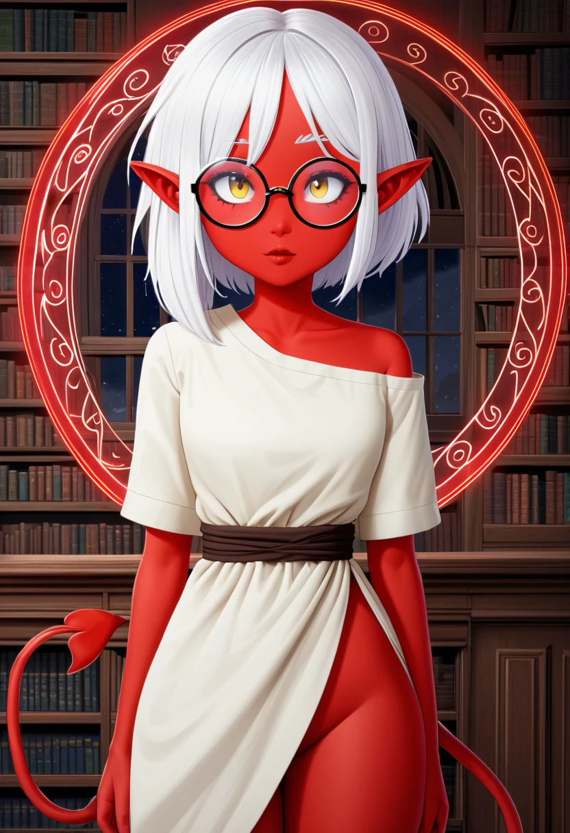 detailed illustration, (front view), (side view),dynamic angle, ultra-detailed, illustration, clean line art, shading, anime, detailed eyes, detailed face, beautiful face, dramatic lighting, detailed illustration, dynamic angle, ultra-detailed, illustration, (single woman: 1.8), masterpiece, masterwork, beautiful, (1 woman:1.8),
Succubus woman, young, timid, shy, afraid, red skin, pinkish white hair, big round wire frame glasses, shack cloth dress, dirty, emaciated, thin, willow, lithe, long demon tail, pointy red ears, yellow cat eyes, short white hair, malnourished, sickly thin, standing in a summoning circle, background is a library,