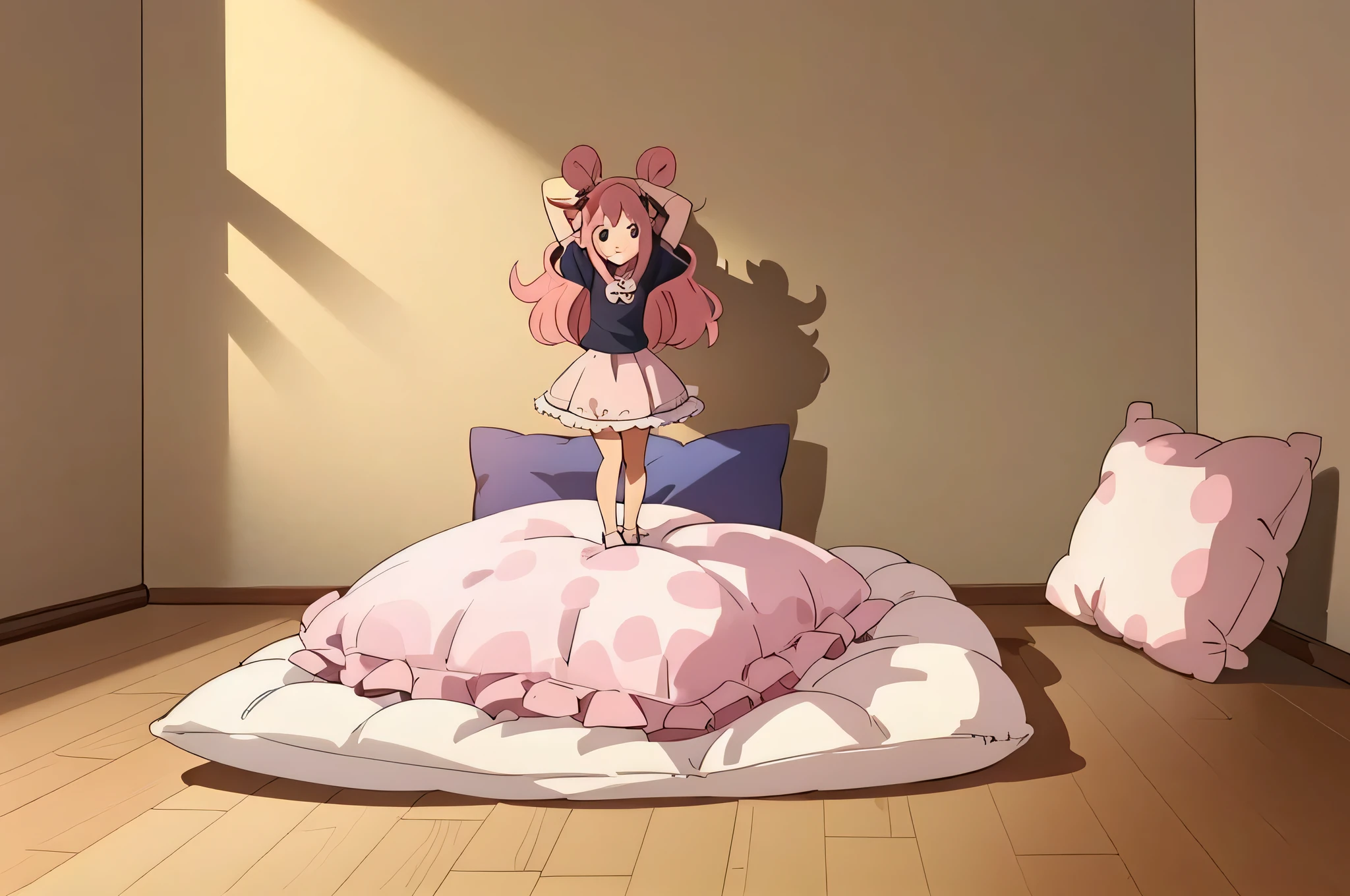 (best quality， masterpiece) , details, (Light and shadow oxtail) , Cute girl posing on pillow ，Pillow, Upholstered，Soft pillow quotation，（Pillow），The love surrounding the protagonist，steam，Luxury Pillow），（Gorgeous pattern pillow），luxurious pillow，（bedroom ）, standing,（Love around the protagonist），（pillow）, long hair, frilled pillow , ((pink pillow))  , 1 pillow, standing on top of pillow, on pillow, big pillow, pillow damage, stomping pillow, stomping, pillow on floor, stepping on pillow, posing on top pillow, full body, pillow on floor, (((pink hair))), feathers