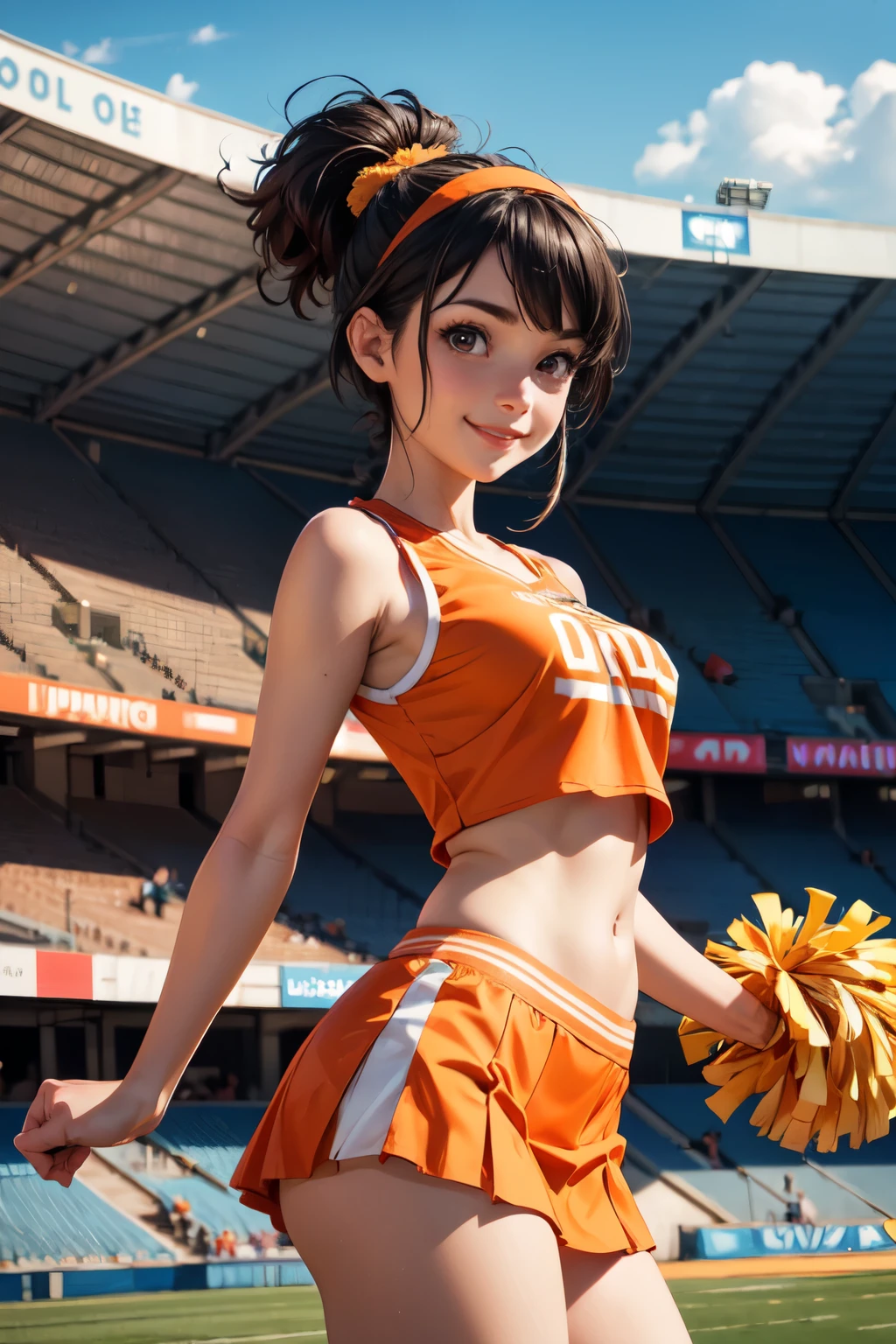very cute and beautiful cheerleader girl,(highly detailed beautiful face and eyes),(holding pom poms:1.1),(smile:1.3),happy,
(stadium stands),cowboy shot,dynamic pose,(sleeveless orange cheerleader shirt),beautiful legs,
looking at viewer,black hair,hair band,
(best quality,masterpiece),absurdres,highres,ultra-detailed,extremely detailed,32k,8k resolution,
intricate details,cinematic scene,detailed background,solo,dynamic angle, hair fluttering in the wind,beautiful detailed sky,