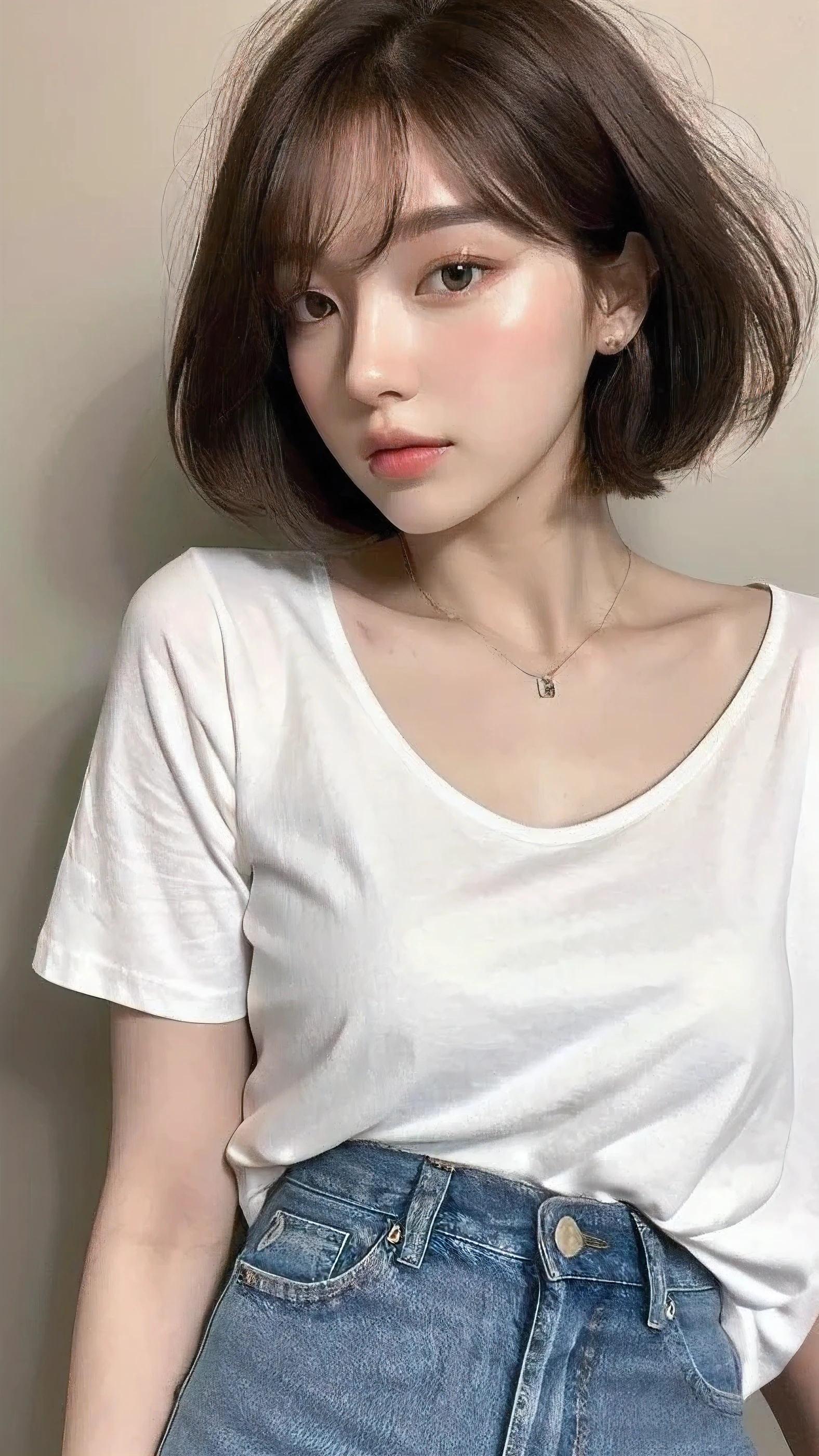 (real, High resolution:1.3), Very beautiful face and eyes、short hair, White T-shirt:1.2, jeans, A slender man's body and a woman's face、A dainty man dressed as a woman、Natural photography
