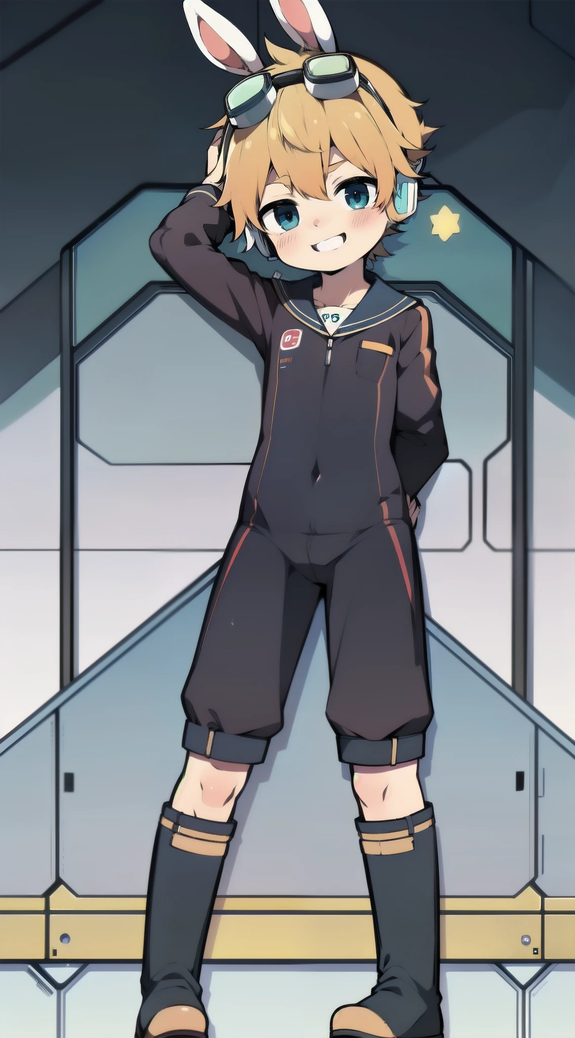 2D Shonen Shota,One-piece suit,Slim, healthy body,Put the headphones on your head,stand up,goggles,Rabbit ears,Happy,Sailor collar,boots,charming,Akimbo