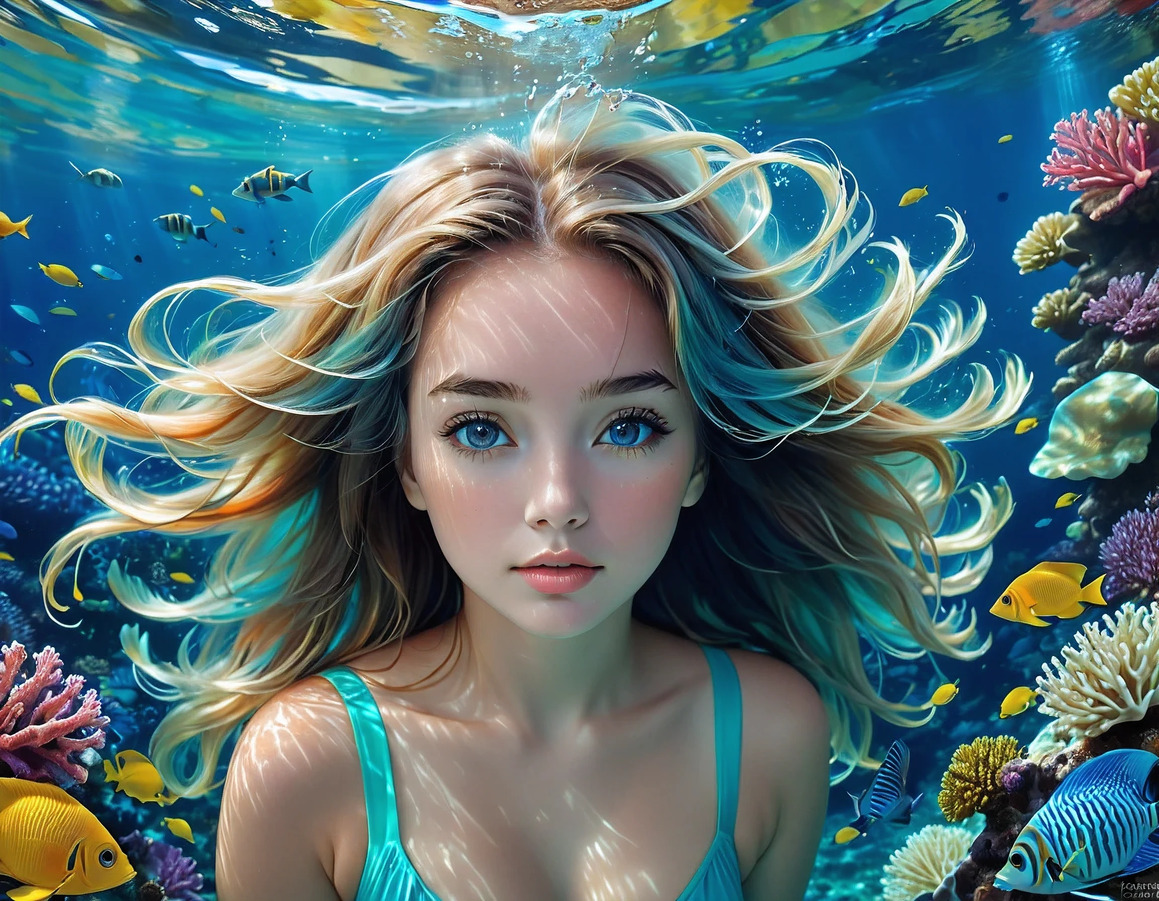   description='A beautiful girl underwater, surrounded by marine life, with a provocative expression.',
    detailed_descriptions=[
        'In this captivating scene, a beautiful girl is underwater, surrounded by vibrant marine life.',
        'The girl, with flowing hair, is positioned in the center of the image.',
        'Her expression is provocative and intense, reflecting a desire for attention and connection.',
        'The background features a variety of colorful fish, corals, and other marine creatures.',
        'The water is crystal clear, allowing for a detailed view of the underwater landscape.',
        'The overall atmosphere is one of intense passion and natural beauty, with the girl seamlessly blending into her aquatic surroundings.',
    ],
    tags='beautiful girl, underwater, marine life, flowing hair, provocative, intense, attention, connection, colorful fish, corals, marine creatures, crystal clear water, underwater landscape, passion, natural beauty, aquatic surroundings',
    HTML_web_color_name='aquamarine',