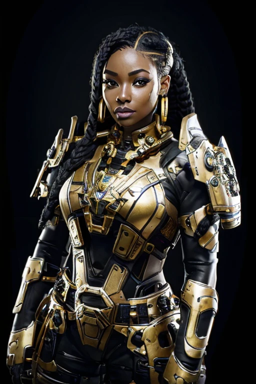 African Woman, Black Woman, In Her late twenties, black and gold mechaarmor, ssahc, Braided hair, lip ring piercing, gold necklace, Cyberpunk background, visible face, black and gold armor, nose ring piercing, face piercings, luxury tech power armor, mecha armor, heavy cyberpunk armor, cyber_mark, Cyber_mark on face, Heavy mechaarmor breastplate and shoulder armor