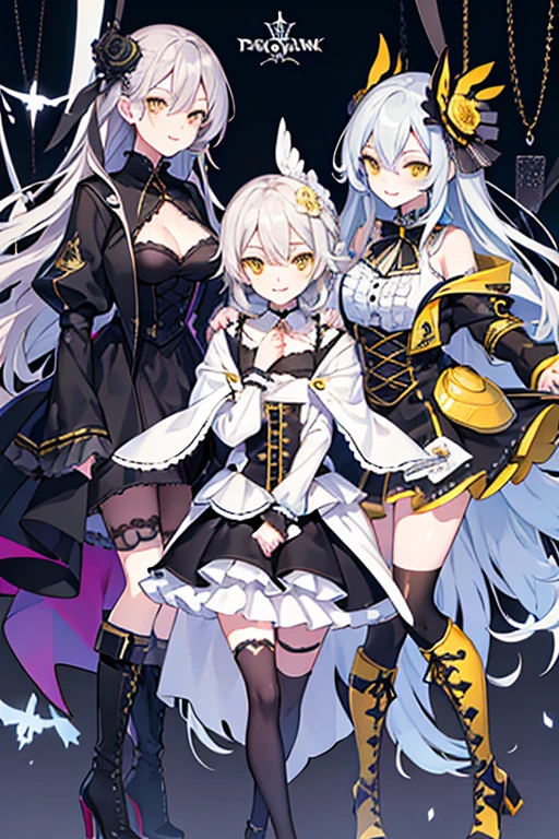 high quality, Draw Amount, Pixiv illustration, Beautiful youth, Gray Hair, Long Hair, Yellow Eyes, Slanted Eyes, black stand up costume, Frills, Gothic Costume, Wicked Smile, Bird&#39;s-eye view、Three white eyes、
Excellent and functional design、Beauty and Mathematics、High sense、creative、High Fashion、A modern puzzle mode、Raincoat Records、two tone、Bold, chic and stylish、Transparency、Chest lace、Eros、Stylish、Detailed design、Unusual black zigzag high boots