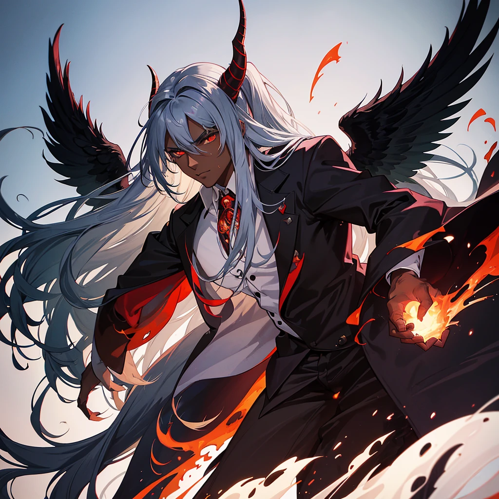 Male character, handsome, dark skin, black wings, wearing a red suit, long white hair, emerald green eyes, his appearance is that of a fire demon, his body is that of a fire demon with giant horns, a bestial body, an intimidating appearance, its appearance is identical to that of the fire demon Ifrit, blue background