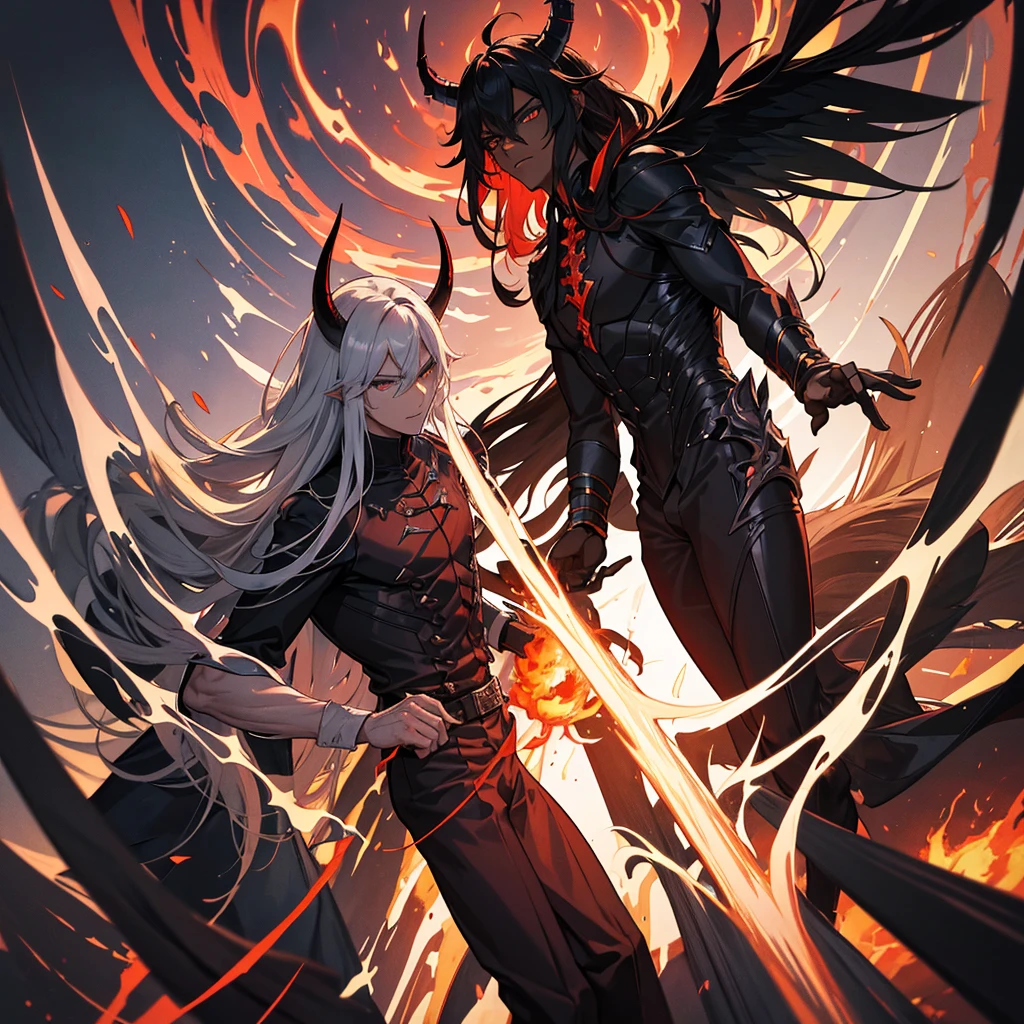 Male character, handsome, dark skin, black wings, wearing a red suit, long white hair, emerald green eyes, his appearance is that of a fire demon, his body is that of a fire demon with giant horns, a bestial body, an intimidating appearance, its appearance is identical to that of the fire demon Ifrit, blue background