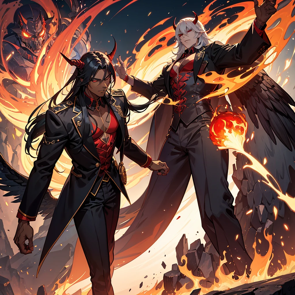 Male character, handsome, dark skin, black wings, wearing a red suit, long white hair, emerald green eyes, his appearance is that of a fire demon, his body is that of a fire demon with giant horns, a bestial body, an intimidating appearance, its appearance is identical to that of the fire demon Ifrit, blue background