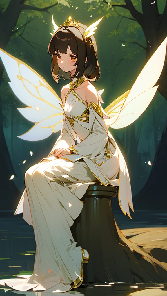 1 girl, dark brown hair, gold eyes, White skin, dressed in a white dress with lace and pleats, fairy wings, shy posture, whole body, sitting on a tree throne, green lights, Moonlight, flower crown on her head, soft smile, gentle.
