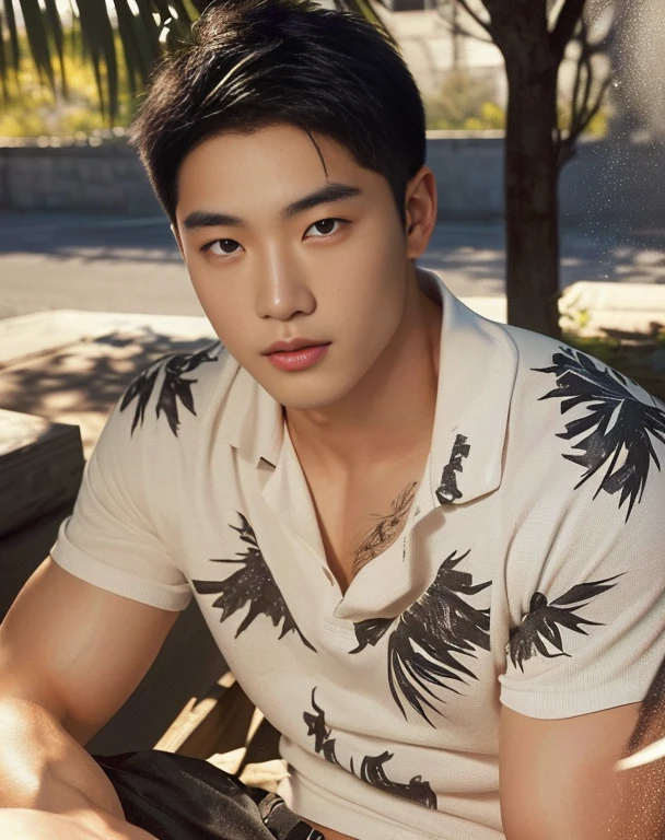 A shirtless Asian man with a round face., black eyes, staring at the viewer, morning sun, ((face details)), Double eyelids, realistic, Masterpiece, short hair, black eyes,abdominal muscles, The body is beautiful and strong...,, (digital painting, HDR, high contrast
