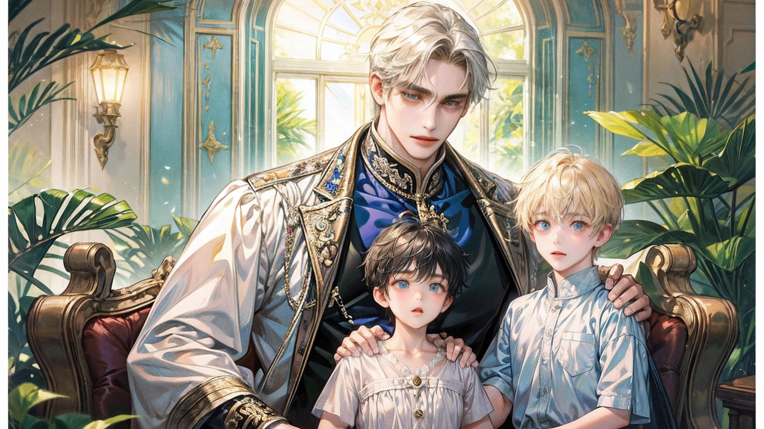 (((masterpiece))), ((Highest quality)), ((Super detailed)), (CG illustration), Happy parent-child scene。The resurrected form of Emperor Constantine and the twins Crispus and Fausta.、Father and son landscape。「Varna, Bulgaria、Under the clear blue sky、A summer evening where a stylish modern mansion shines。As the bright sunlight envelopes the sea and the mansion、A young father in his 30s hugs his twin sons tightly and warmly on his way home from work。The father&#39;s face was filled with deep love and forgiveness.、I can see the look of relief on his face, having overcome his past mistakes.。The children have innocent, naive smiles、He buried his face in his father&#39;s shoulder and looked relieved.。Light and shadow gently intersect、A scene that creates a warm and moving atmosphere overall.。」Love。Love, forgiveness, healing and purification。Detailed and delicate。lyrical。Heartful
