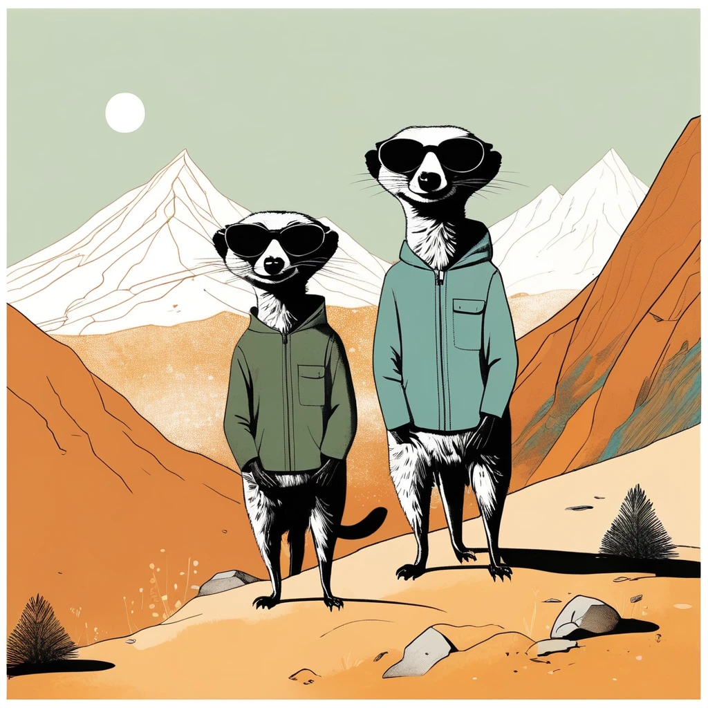 two,meerkat-like , sweet,art by Sophie Roach , art by Jon Klassen , art by Michael Cho , art by Sophie Roach、sunglasses,campimg,smoking,mountain climbing