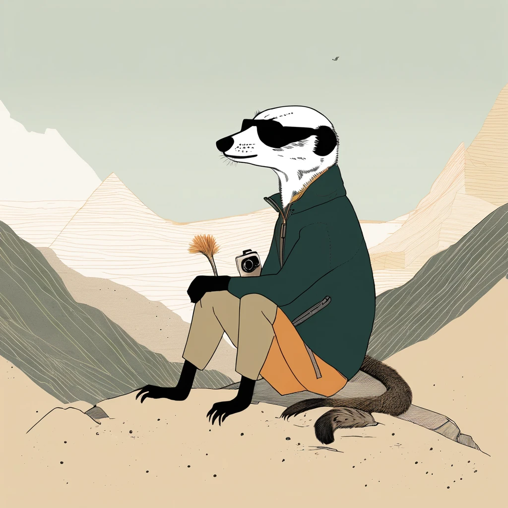 two,meerkat-like , sweet,art by Sophie Roach , art by Jon Klassen , art by Michael Cho , art by Sophie Roach、sunglasses,campimg,smoking,mountain climbing