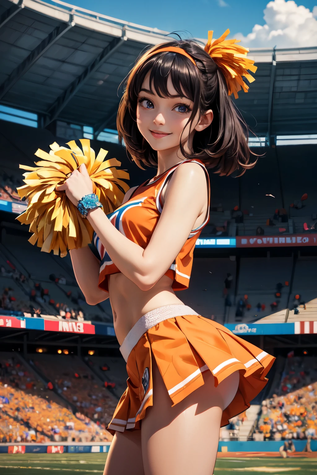 very cute and beautiful cheerleader girl,(highly detailed beautiful face and eyes),(holding pom poms:1.1),(smile:1.3),happy,
(stadium stands),cowboy shot,dynamic pose,(sleeveless orange cheerleader shirt),beautiful legs,
looking at viewer,black hair,hair band,
(best quality,masterpiece),absurdres,highres,ultra-detailed,extremely detailed,32k,8k resolution,
intricate details,cinematic scene,detailed background,solo,dynamic angle, hair fluttering in the wind,beautiful detailed sky,