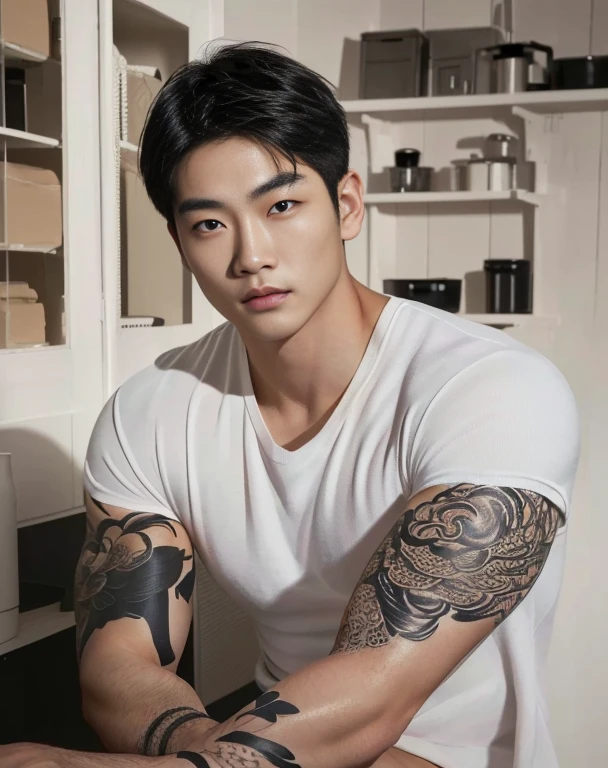 A shirtless Asian man with a round face., black eyes, staring at the viewer, morning sun, ((face details)), Double eyelids, realistic, Masterpiece, short hair, black eyes,abdominal muscles, The body is beautiful and strong...,, (digital painting, HDR, high contrast