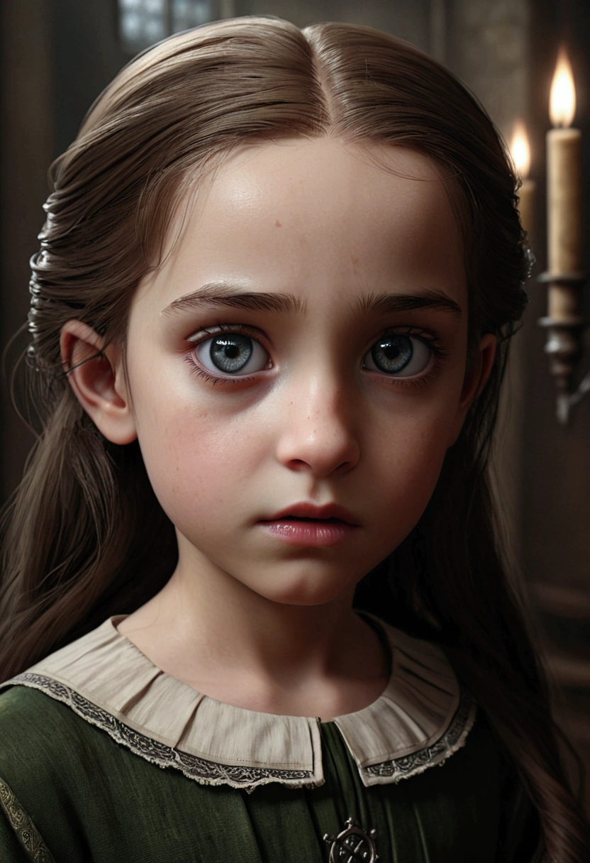 a 9 year old girl, severus snape's daughter, gravely injured fighting against voldemort to save harry,beautiful detailed eyes,beautiful detailed lips,extremely detailed eyes and face,longeyelashes,portrait,dramatic lighting,cinematic,chiaroscuro,moody atmosphere,dark magic,gritty,realistic,photorealistic,photo-realistic:1.37,(best quality,4k,8k,highres,masterpiece:1.2),ultra-detailed,(realistic,photorealistic,photo-realistic:1.37)