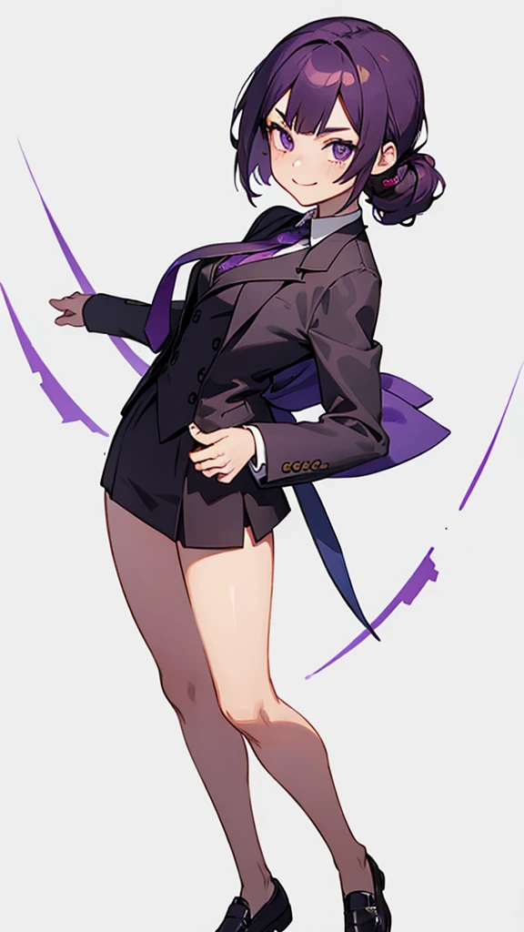 1.Cross-dressing girl,suit,Hair style slicked back,Dark purple hair,Leather shoes,whole body,White background,濃い紫のsuit,濃い紫のsuitズボン,Photographer,Single-lens reflex camera,Cool standing figure,Purple tie,With a smile on your face