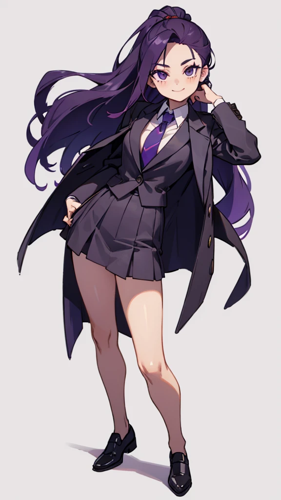 1.Cross-dressing girl,suit,Hair style slicked back,Dark purple hair,Leather shoes,whole body,White background,濃い紫のsuit,濃い紫のsuitズボン,Photographer,Single-lens reflex camera,Cool standing figure,Purple tie,With a smile on your face