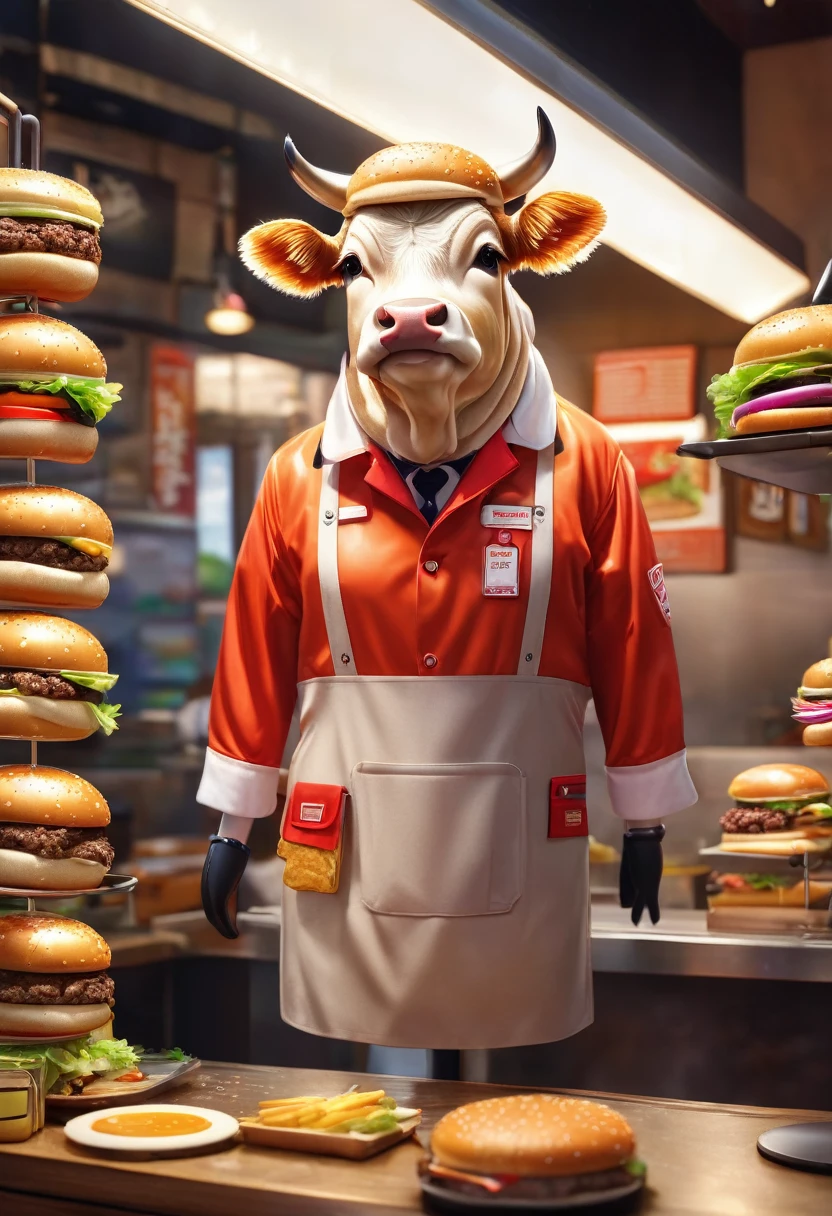 Cow in a burger shop employee uniform、( 100% Beef burger:2.0)、Dressed animals page, Very detailed、Real、Photorealistic、Cinematic lighting、8K、Highest quality、masterpiece